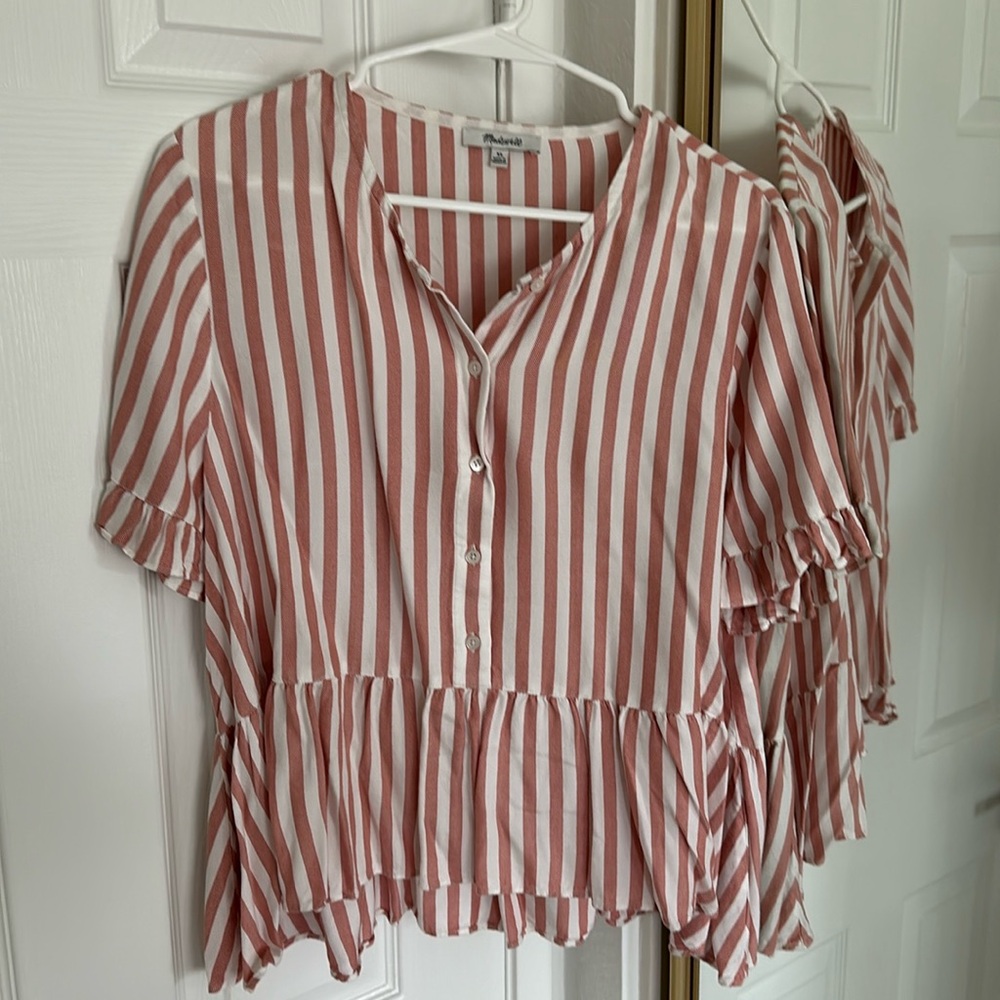 Madewell pink white stripe flowy button up blouse Sz XL